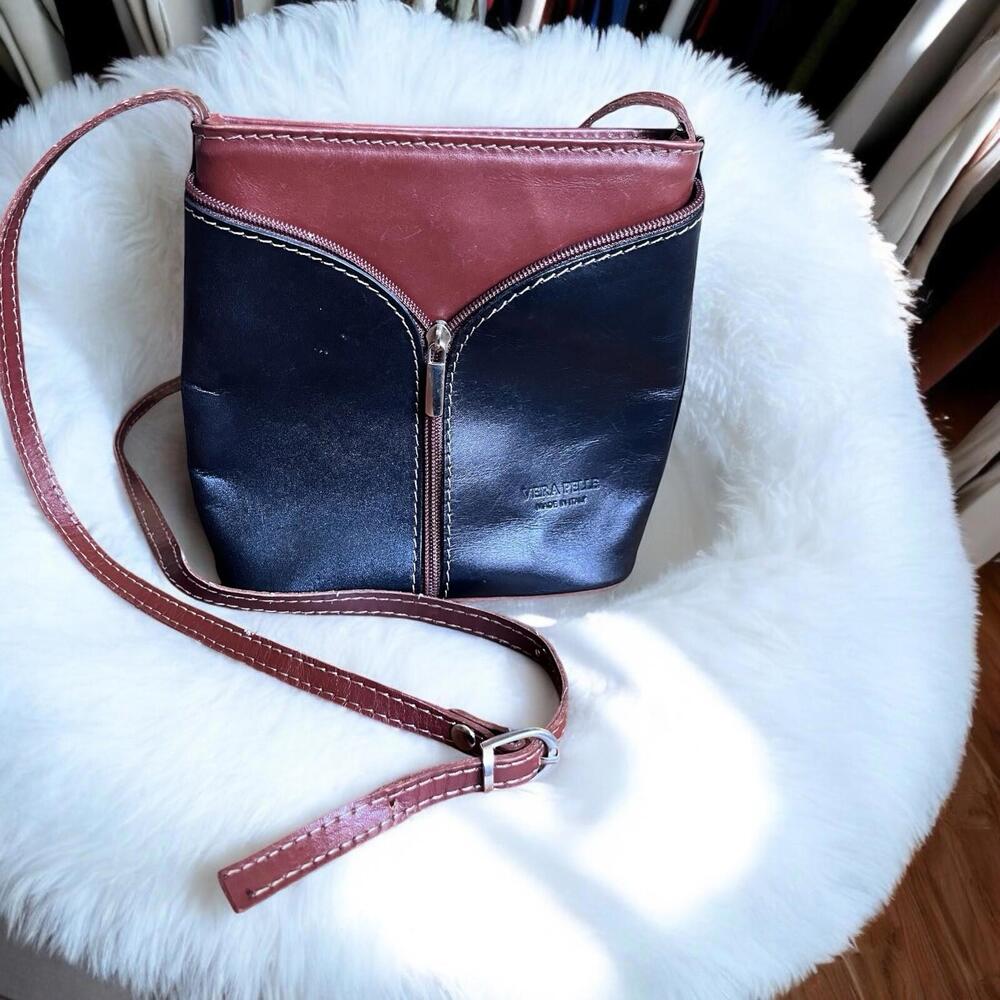 VTG Vera Pelle Cognac & Black Italian Leather Designer Crossbody Purse Handbag